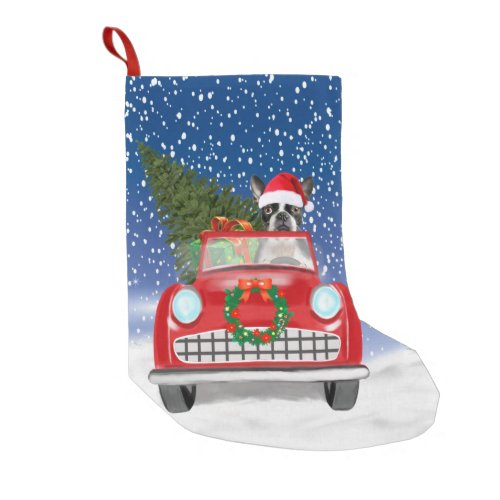 Boston terrier Dog Driving Car In Snow Christmas  Small Christmas Stocking