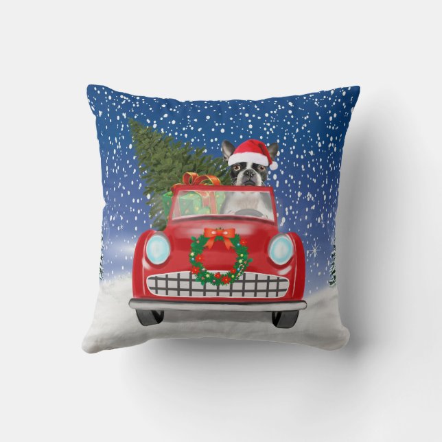 Boston terrier Dog Driving Car In Snow Christmas Throw Pillow (Back)