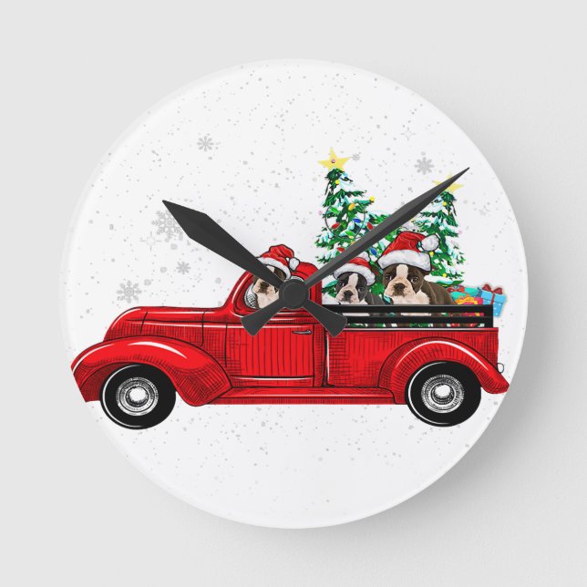 Boston Terrier Dog Driving Xmas Truck Christmas Round Clock (Front)