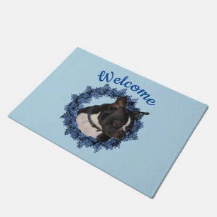 Boston Terrier Dog Floral Wreath Welcome Doormat