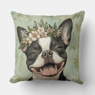 Boston Terrier Dog Green Floral Throw Pillow