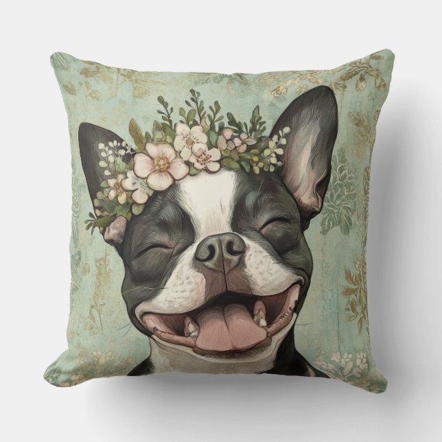 Boston Terrier Dog Green Floral  Throw Pillow (Front)