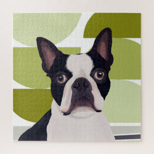 Boston Terrier Dog - Green Geometric Jigsaw Puzzle