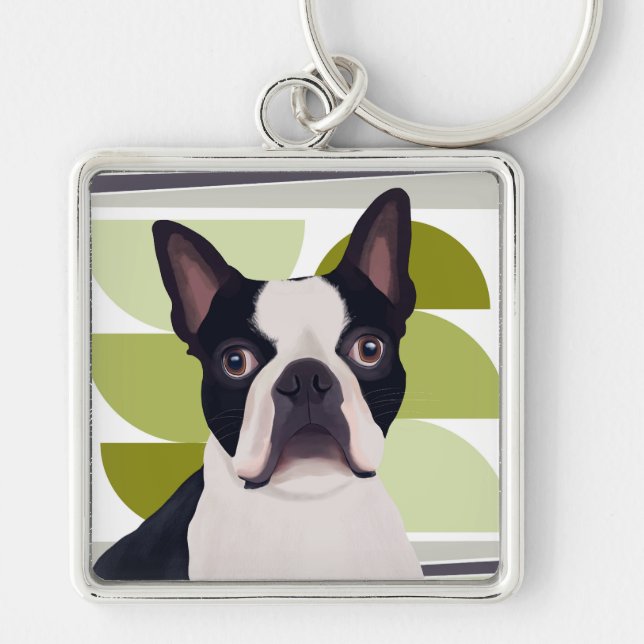 Boston Terrier Dog – Green Geometric Keychain (Front)
