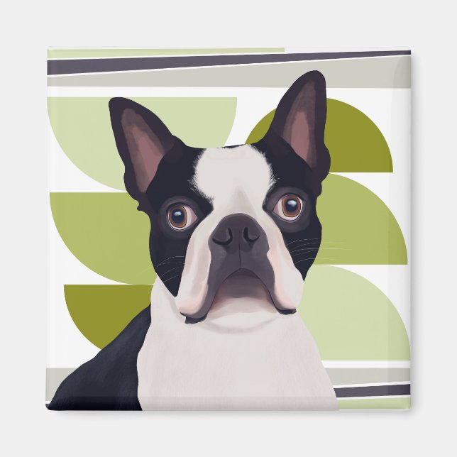 Boston Terrier Dog – Green Geometric Magnet (Front)