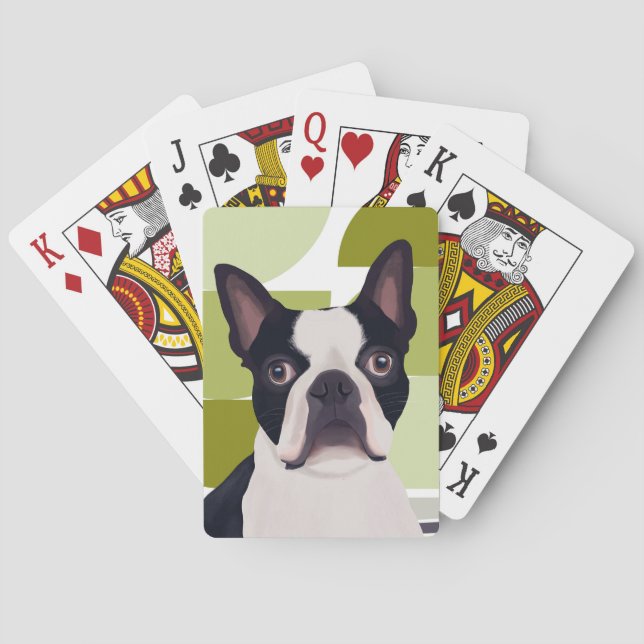 Boston Terrier Dog – Green Geometric Poker Cards (Back)