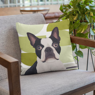 Boston Terrier Dog - Green Geometric Throw Pillow