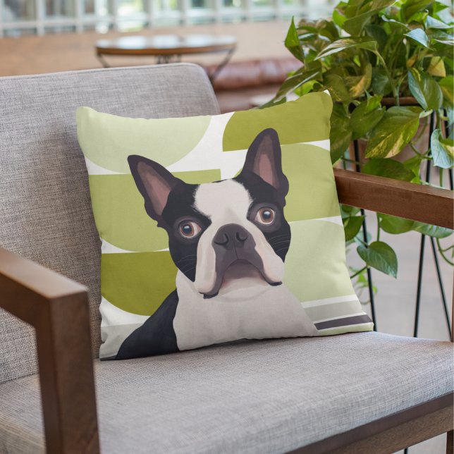 Boston Terrier Dog - Green Geometric Throw Pillow (Creator Uploaded)