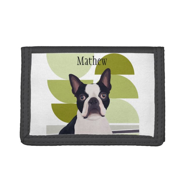 Boston Terrier Dog – Green Geometric Trifold Wallet (Front)