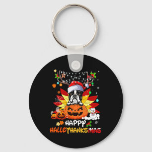 Boston Terrier Dog Halloween And Merry Christmas Keychain