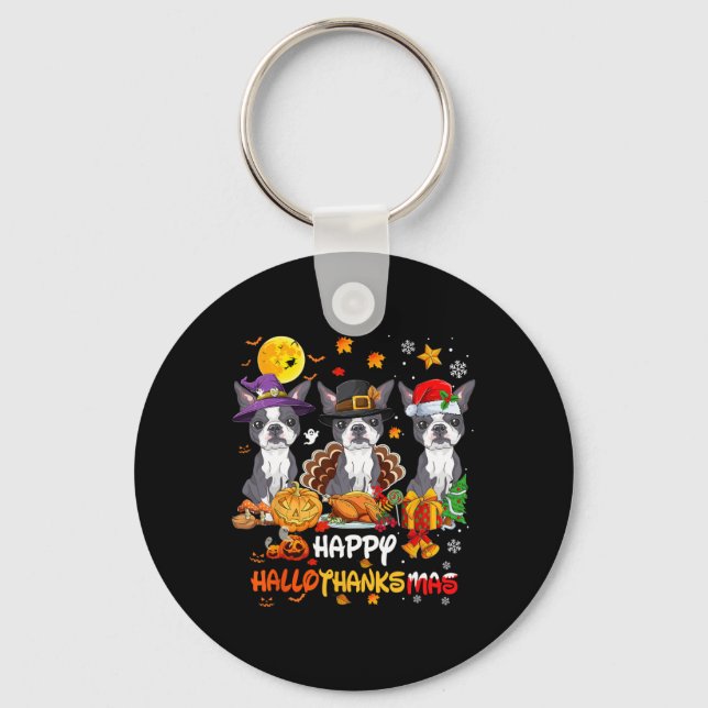 Boston Terrier Dog Happy Halloween Thanksgiving Ch Keychain (Front)