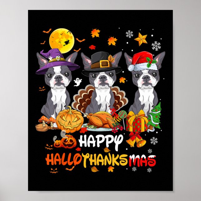 Boston Terrier Dog Happy Halloween Thanksgiving Ch Poster (Front)