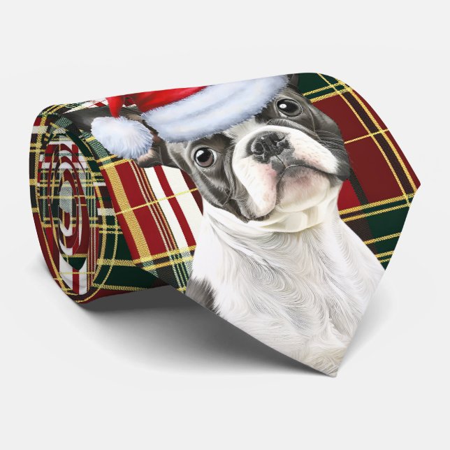 Boston Terrier Dog Holiday Plaid Christmas Neck Tie (Rolled)