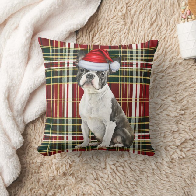 Boston Terrier Dog Holiday Plaid Christmas Throw Pillow (Blanket)