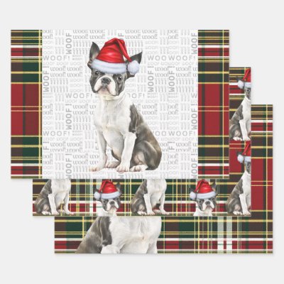Boston Terrier Dog Holiday Plaid Christmas Wrapping Paper Sheets