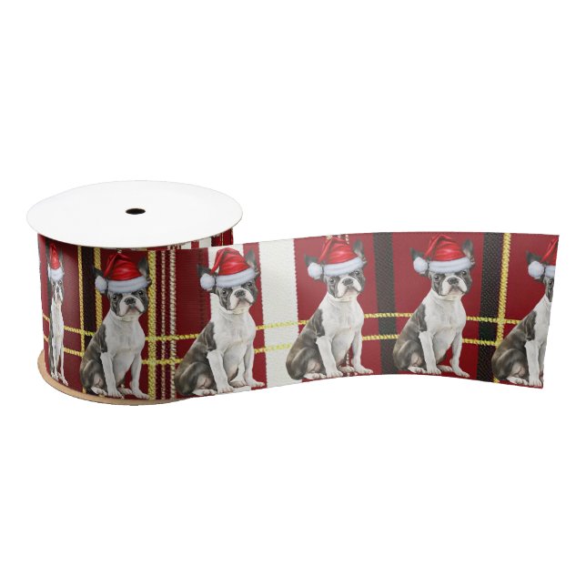 Boston Terrier Dog Holiday Plaid Funny Christmas Satin Ribbon (Spool)