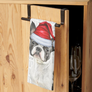 Boston Terrier Dog in a Santa Hat Woof Christmas Kitchen Towel