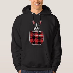 Boston Terrier Dog In Buffalo Plaid Pocket Print C Hoodie