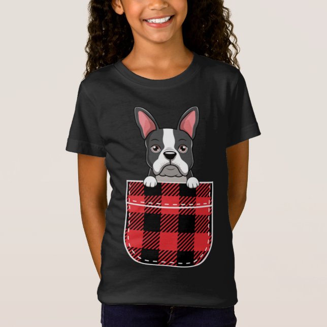 Boston Terrier Dog In Buffalo Plaid Pocket Print C T-Shirt (Front)