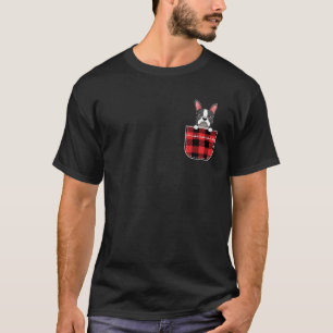 Boston Terrier Dog In Buffalo Plaid Pocket Print C T-Shirt