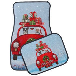Boston Terrier Dog In Car With Santa Claus Car Floor Mat