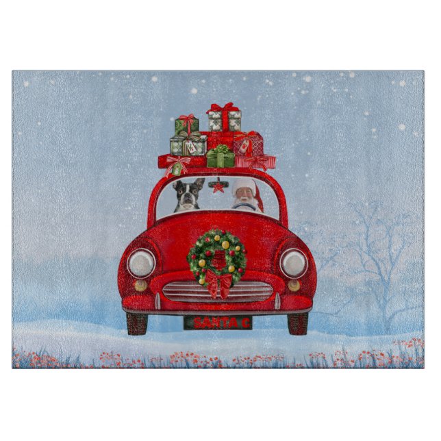 Boston Terrier Dog In Car With Santa Claus  Cutting Board (Front)
