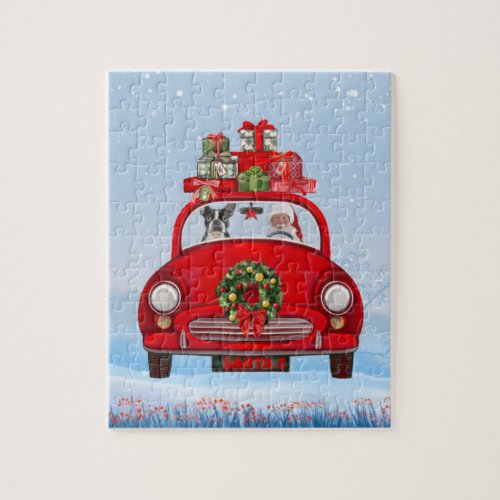 Boston Terrier Dog In Car With Santa Claus  Jigsaw Puzzle