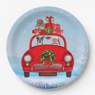 Boston Terrier Dog In Car With Santa Claus Paper Plates