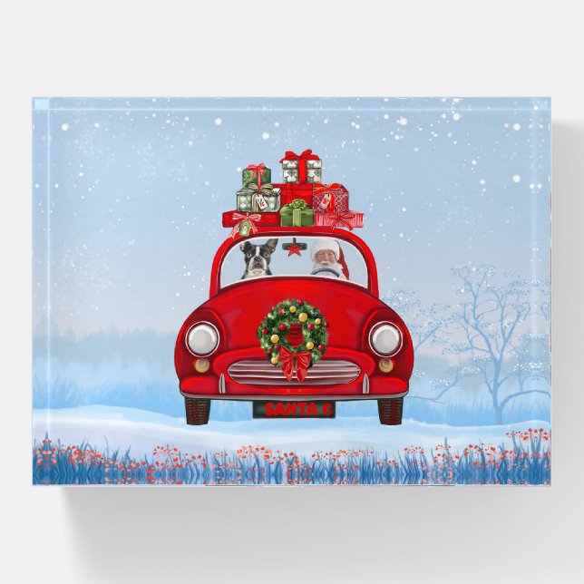 Boston Terrier Dog In Car With Santa Claus  Paperweight (Front)