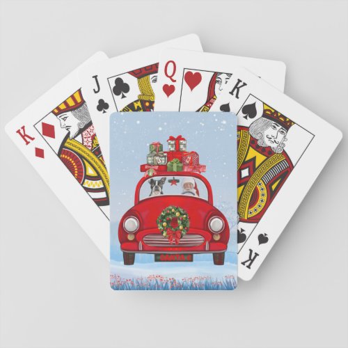 Boston Terrier Dog In Car With Santa Claus  Playing Cards