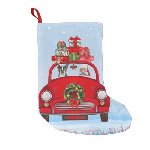 Boston Terrier Dog In Car With Santa Claus  Small Christmas Stocking