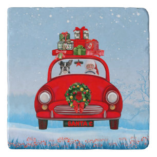 Boston Terrier Dog In Car With Santa Claus Trivet
