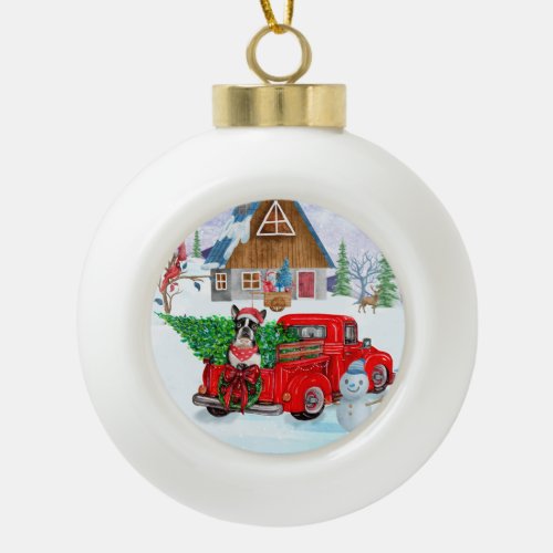 Boston Terrier dog In Christmas Delivery Truck Ceramic Ball Christmas Ornament