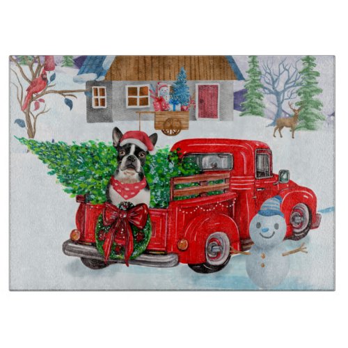 Boston Terrier dog In Christmas Delivery Truck Cutting Board