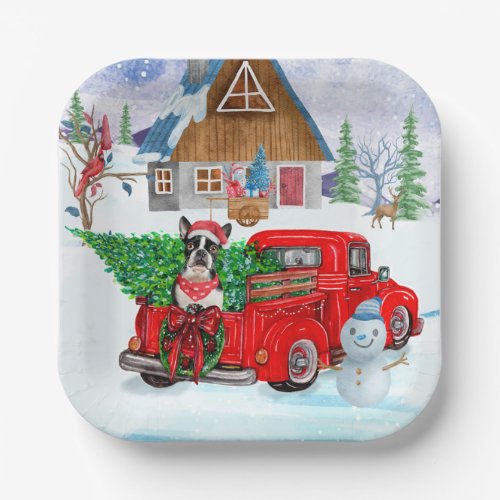 Boston Terrier dog In Christmas Delivery Truck Paper Plates