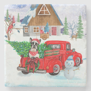 Boston Terrier dog In Christmas Delivery Truck Stone Coaster