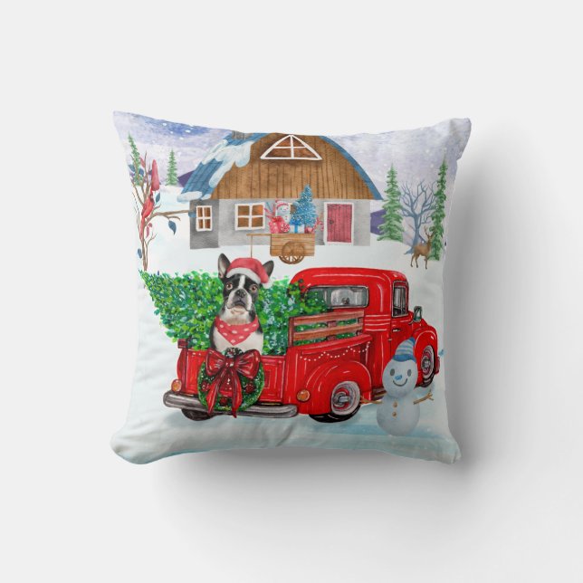 Boston Terrier dog In Christmas Delivery Truck  Throw Pillow (Front)