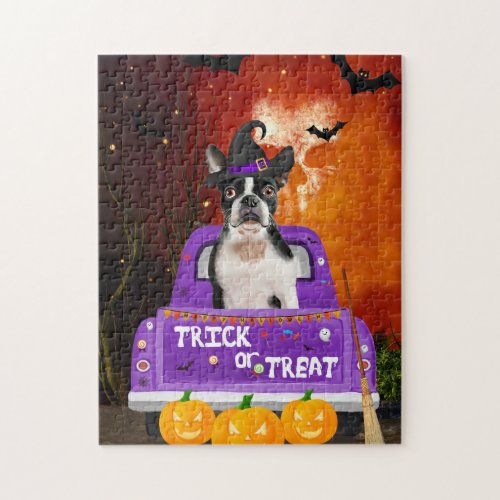 Boston Terrier Dog in Halloween Truck Jigsaw Puzzle