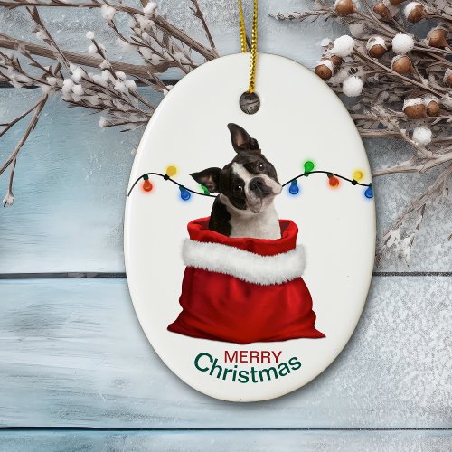 Boston Terrier Dog in Holiday Gift Bag Ceramic Ornament