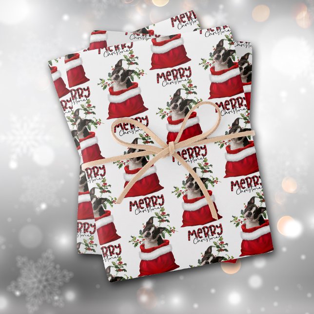 Boston Terrier Dog in Holiday Gift Bag Wrapping Paper Sheets (Creator Uploaded)