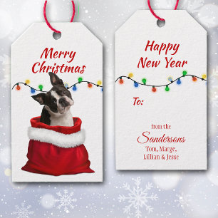 Boston Terrier Dog in Santa Bag Gift Tags