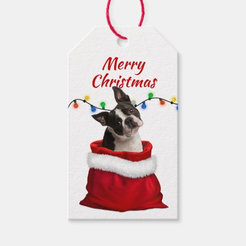 Boston Terrier Dog in Santa Bag Gift Tags