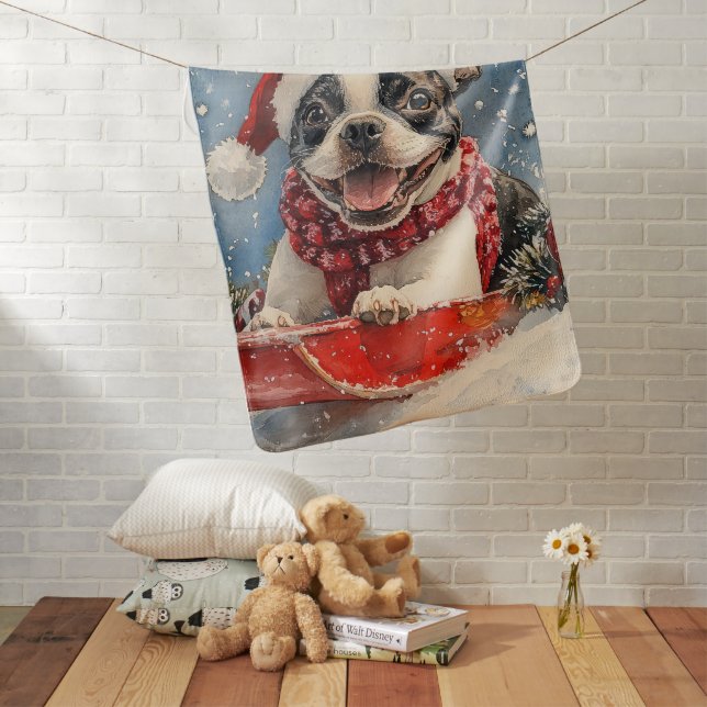 Boston Terrier Dog in Sledge Let it Snow Christmas Baby Blanket (In Situ)