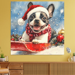 Boston Terrier Dog in Sledge Let it Snow Christmas Canvas Print