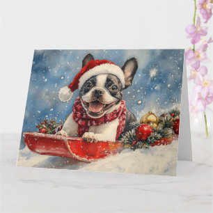 Boston Terrier Dog in Sledge Let it Snow Christmas Card