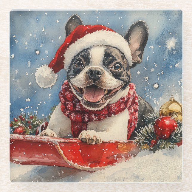 Boston Terrier Dog in Sledge Let it Snow Christmas Glass Coaster (Front)