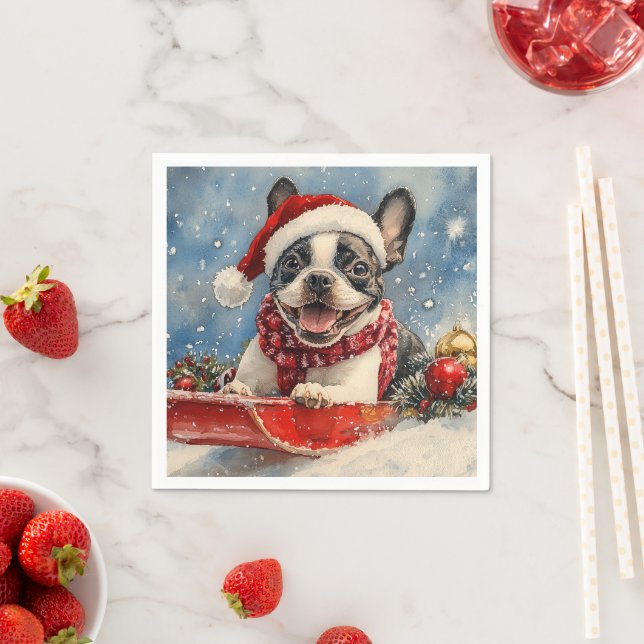 Boston Terrier Dog in Sledge Let it Snow Christmas Napkins (Insitu)