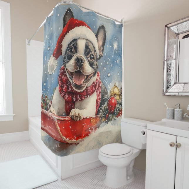 Boston Terrier Dog in Sledge Let it Snow Christmas Shower Curtain (In Situ)