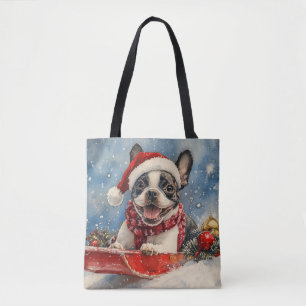 Boston Terrier Dog in Sledge Let it Snow Christmas Tote Bag