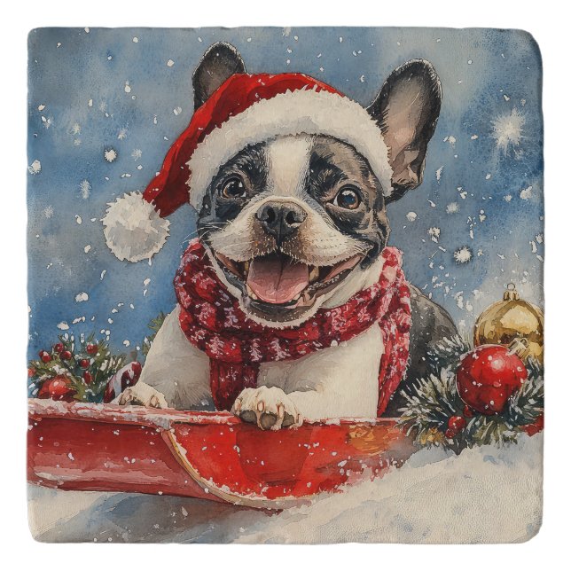 Boston Terrier Dog in Sledge Let it Snow Christmas Trivet (Front)